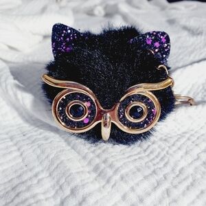 Black Gold Glasses Owl Keychain With Purple Sparkle Ears